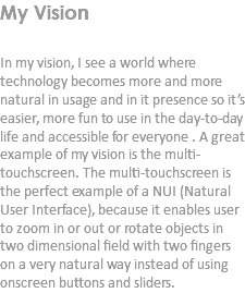 My Vision In my vision, I see a world where technology becomes more and more natural in usage and in it presence so it’s easier, more fun to use in the day-to-day life and accessible for everyone . A great example of my vision is the multi-touchscreen. The multi-touchscreen is the perfect example of a NUI (Natural User Interface), because it enables user to zoom in or out or rotate objects in two dimensional field with two fingers on a very natural way instead of using onscreen buttons and sliders.