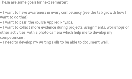 These are some goals for next semester: • I want to have awareness in every competency (see the tab growth how I want to do that).
• I want to pass the course Applied Physics.
• I want to collect more evidence during projects, assignments, workshops or other activities with a photo camera which help me to develop my competencies.
• I need to develop my writing skills to be able to document well. 